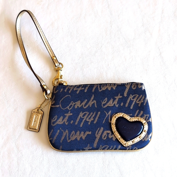Coach Navy and Gold Heart All-over Print Wristlet Wallet - Picture 1 of 6